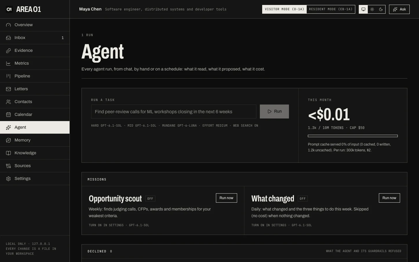 The Agent page: a task box, this month's spend against the cap, and the two missions
