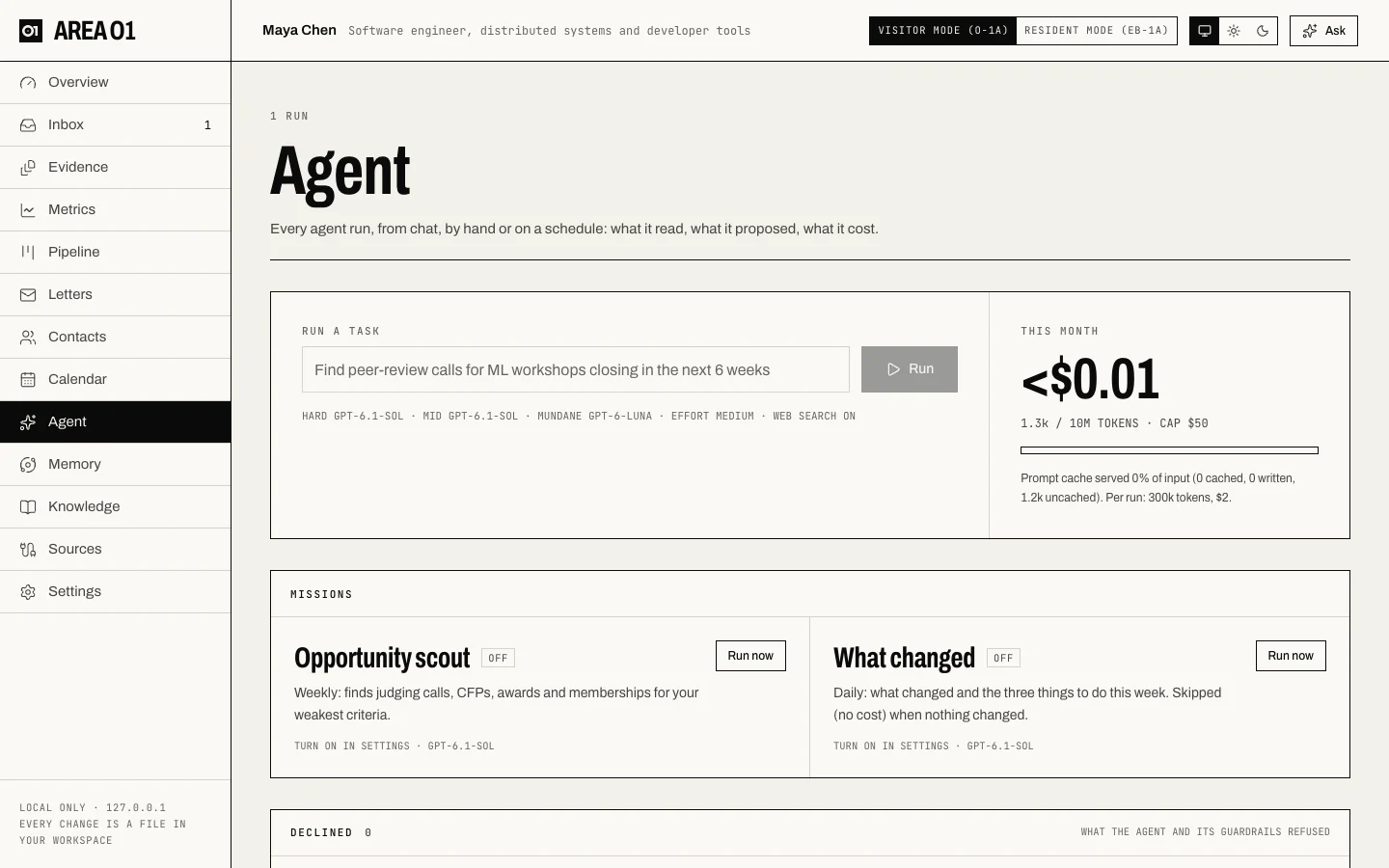 The Agent page: a task box, this month's spend against the cap, and the two missions