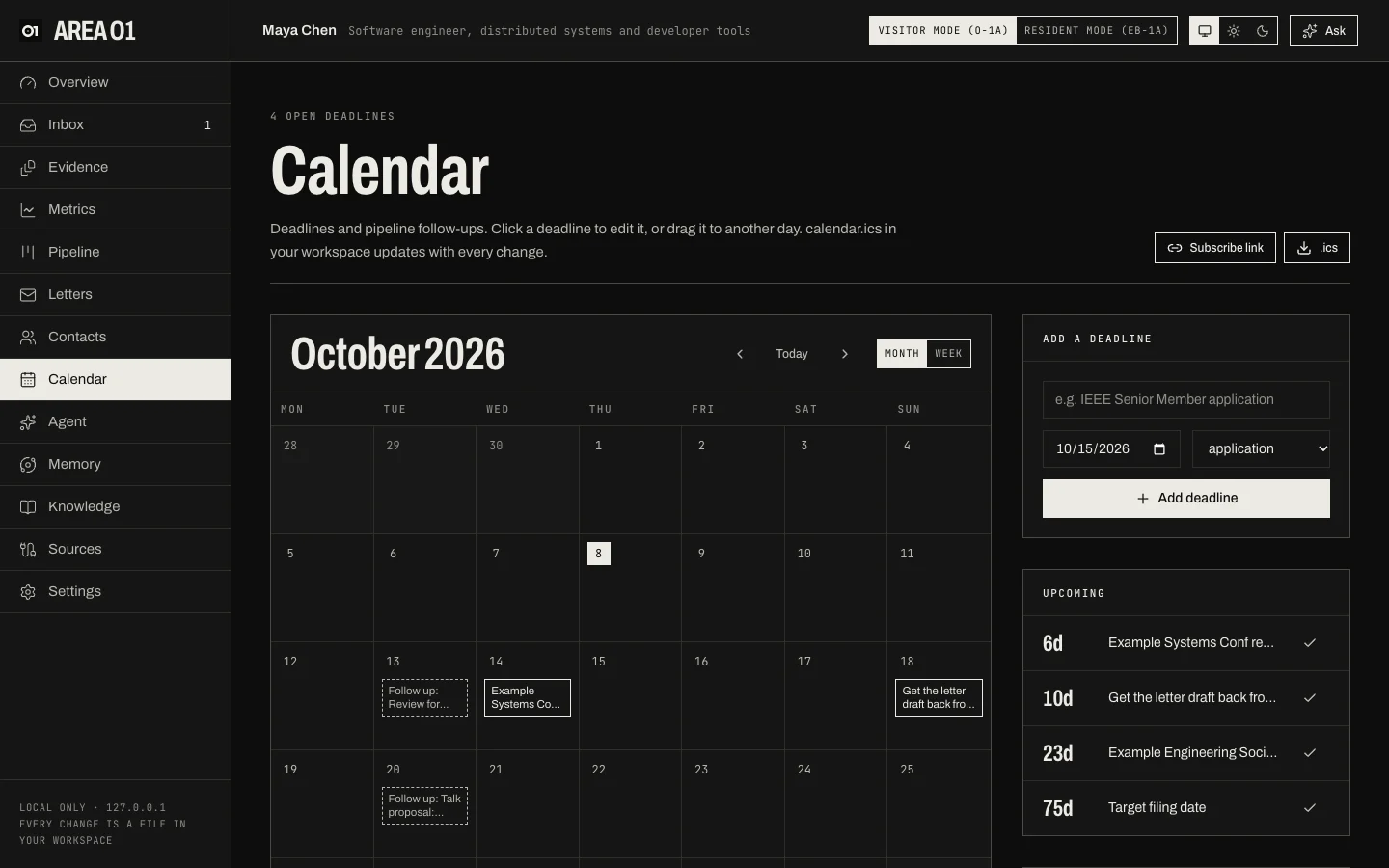 The Calendar page: October with deadlines and follow-ups, an Add a deadline form and the upcoming list