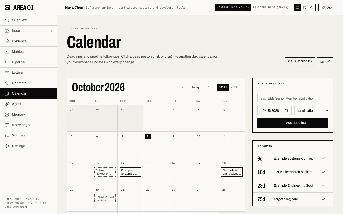 The Calendar page: October with deadlines and follow-ups, an Add a deadline form and the upcoming list