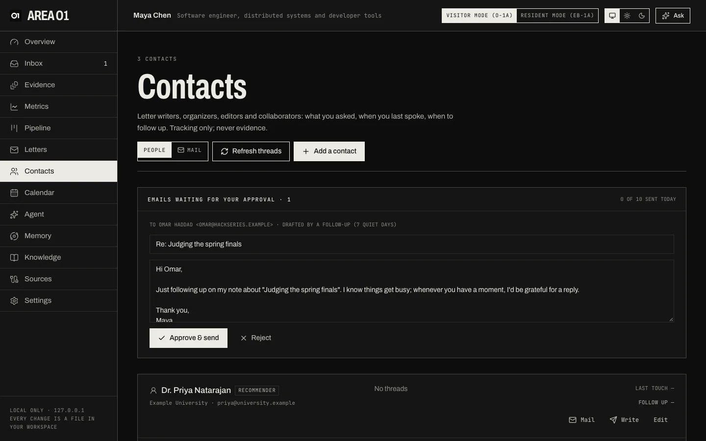 The Contacts page with a follow-up email to Omar Haddad waiting for approval