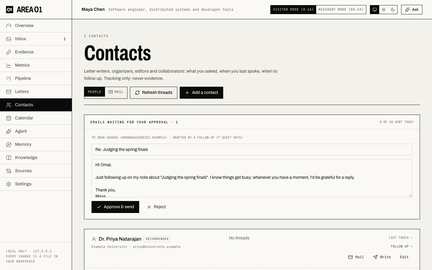 The Contacts page with a follow-up email to Omar Haddad waiting for approval