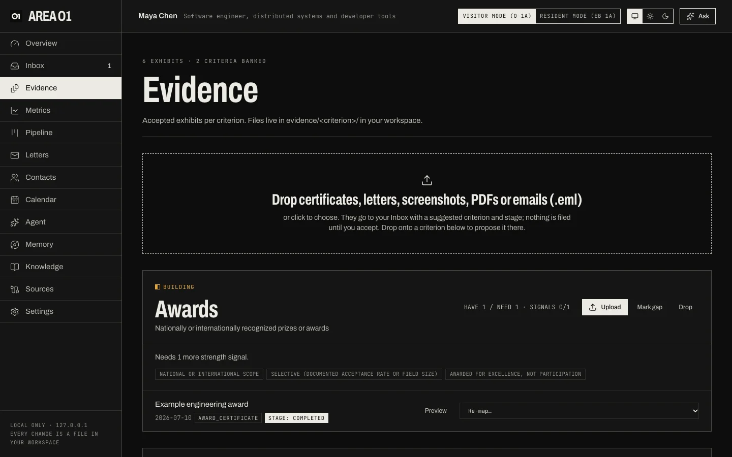 The Evidence page: the Awards criterion is building, with its strength signals and one completed exhibit