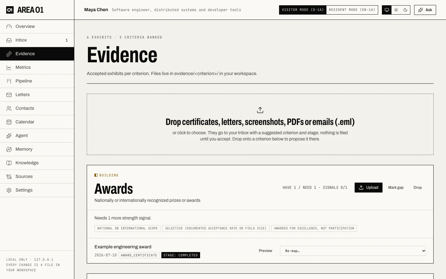 The Evidence page: the Awards criterion is building, with its strength signals and one completed exhibit