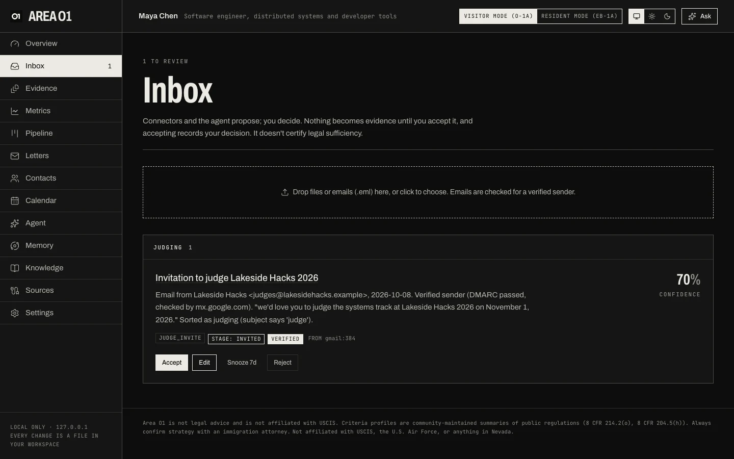 The Inbox with a verified judging invitation from Lakeside Hacks, its sender check and stage
