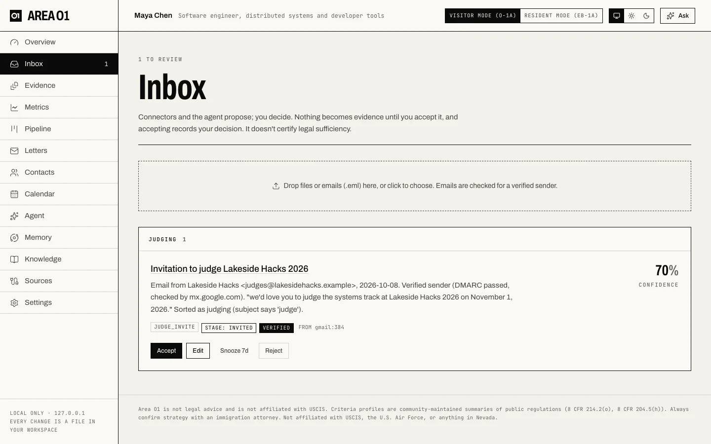 The Inbox with a verified judging invitation from Lakeside Hacks, its sender check and stage