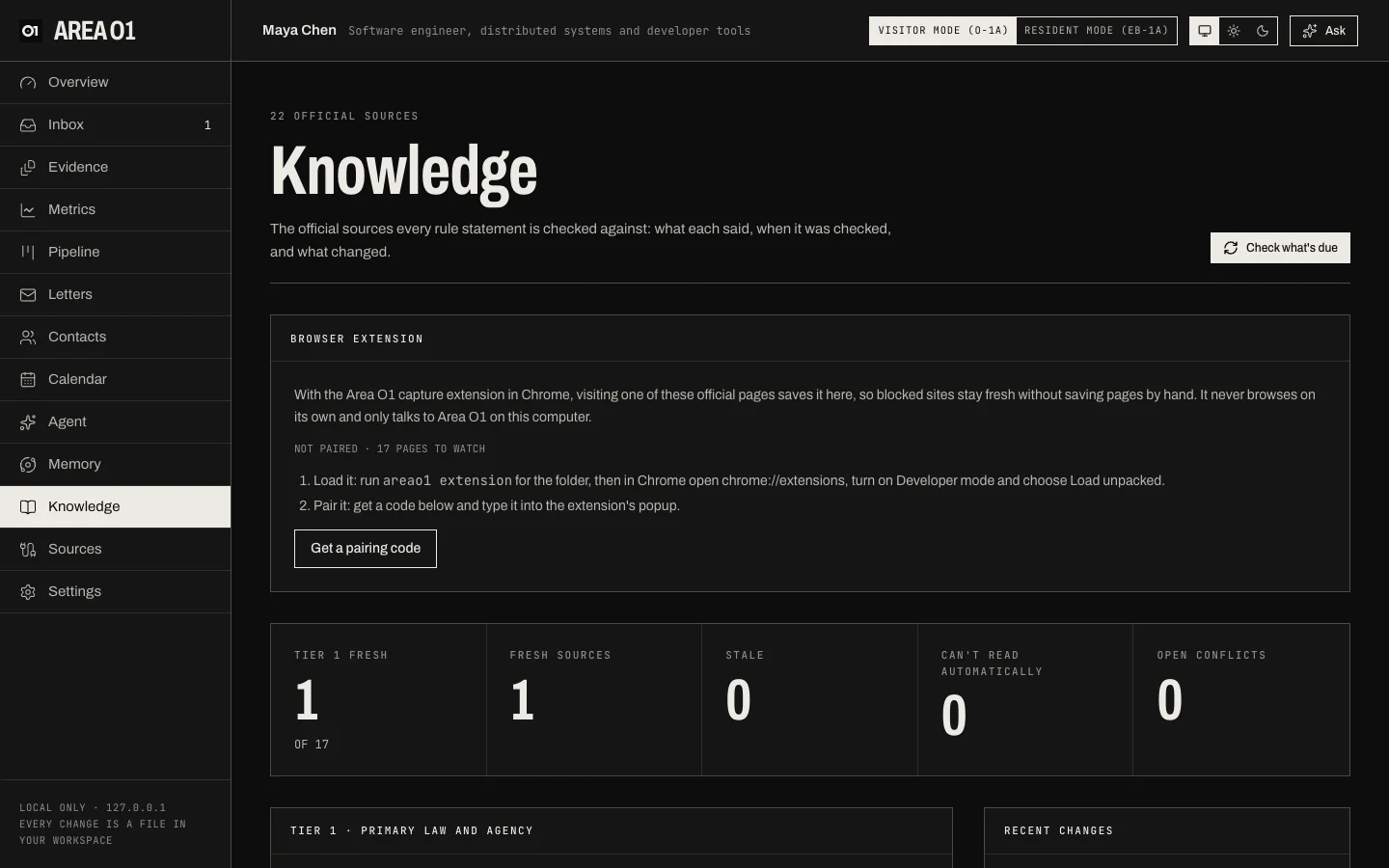 The Knowledge page: the browser extension card, freshness counts and the Tier 1 sources