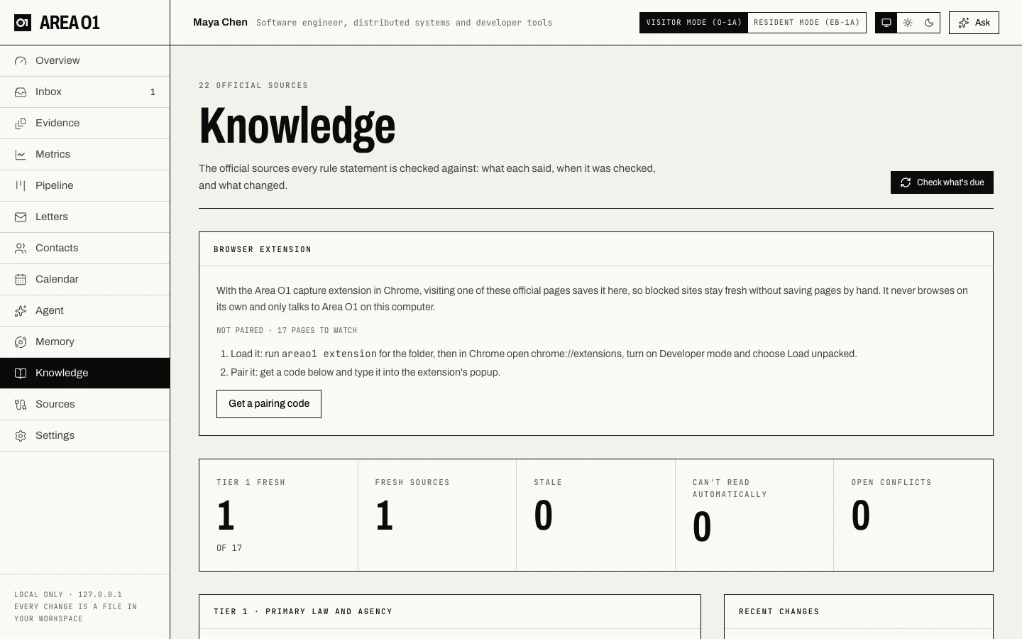 The Knowledge page: the browser extension card, freshness counts and the Tier 1 sources