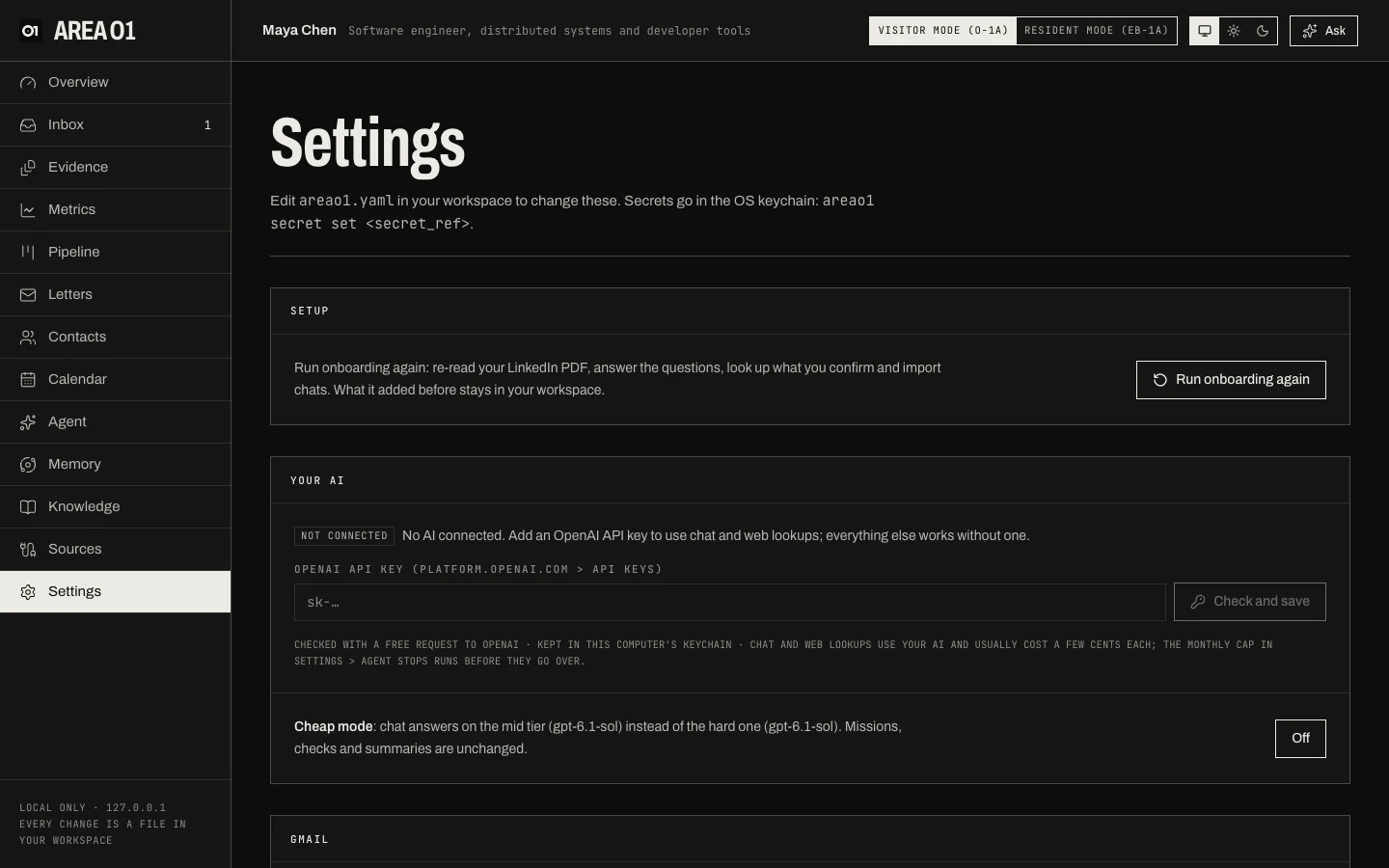The Settings page: Setup, Your AI with the OpenAI key field and Cheap mode
