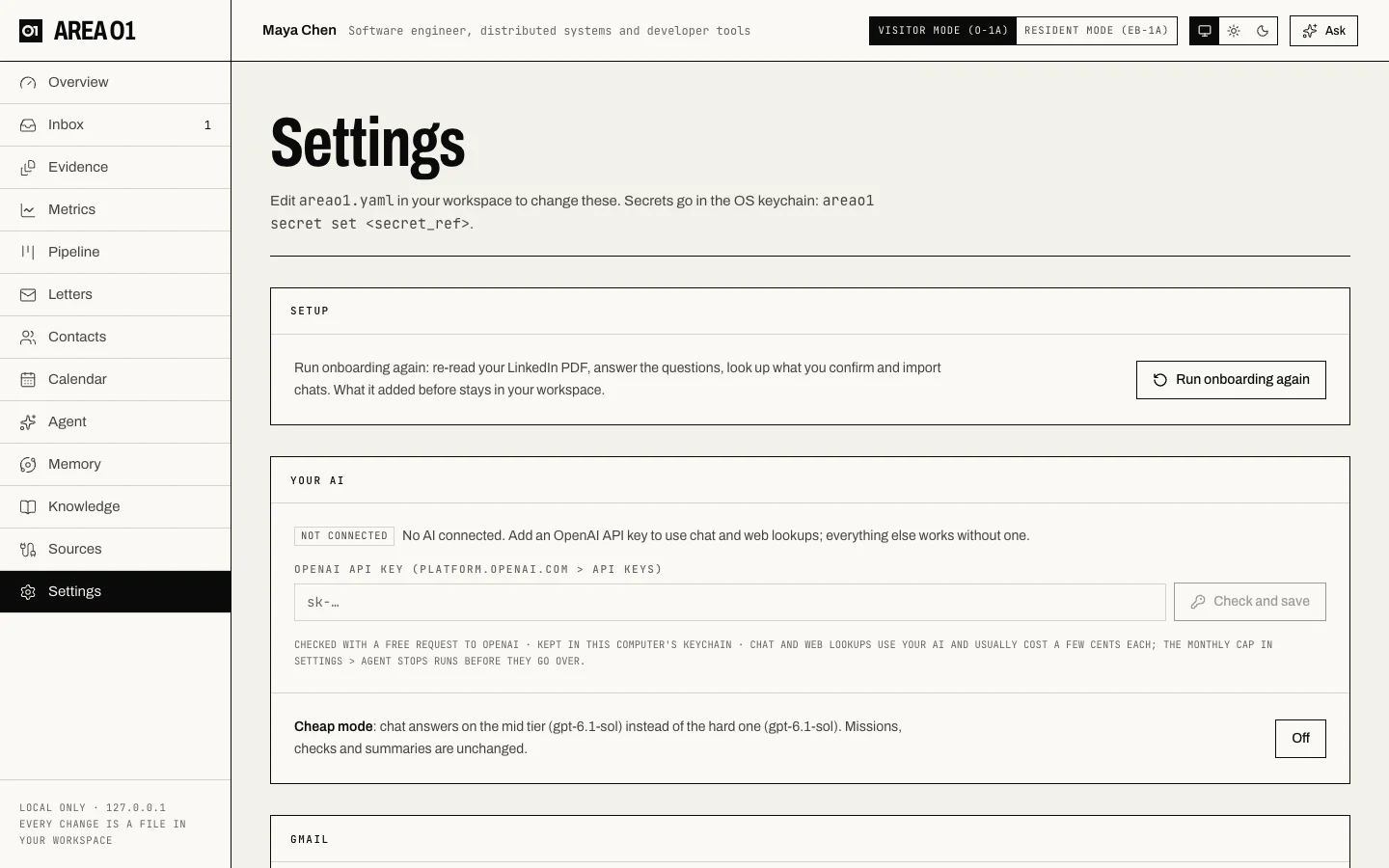 The Settings page: Setup, Your AI with the OpenAI key field and Cheap mode